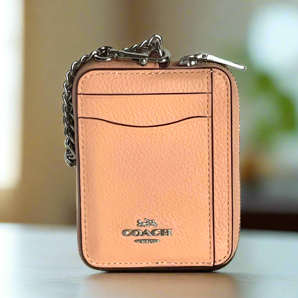Coach 6303 Blush Leather Zip Card Case with Chain